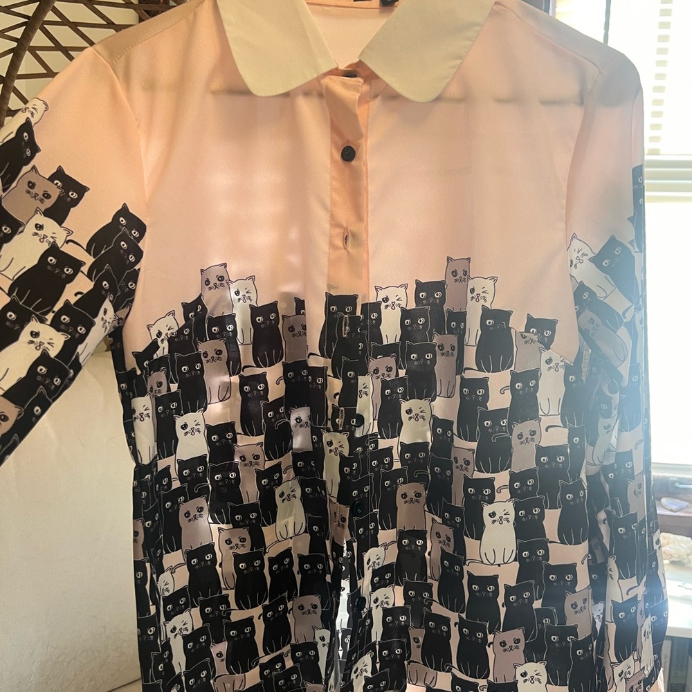 Cat Print Button-Up Shirt
